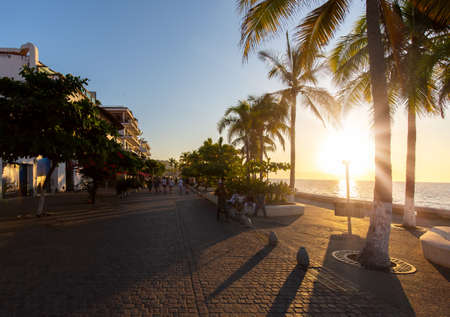 Puerto Vallarta, Mexico-20 February, 2021: Famous Puerto Vallarta sea promenade, El Malecon, with ocean lookouts, beaches, scenic landscapes hotels and city viewsのeditorial素材