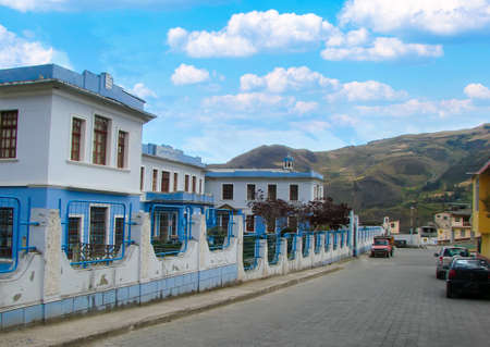Alausi, town in the Chimborazo province of Ecuador, colorful old buildings close to Devils Nose, Nariz del Diablo railway.の写真素材
