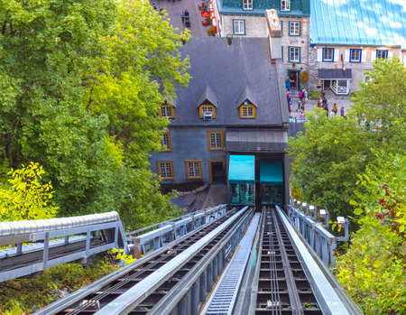 Quebec City, Quebec, Canada, 20 September, 2021: Scenic views of Old Quebec Funicular connecting touristic attractions of Lower Town, Dufferin Terrace, Quartier Petit Champlain and Chateau Frontenacのeditorial素材
