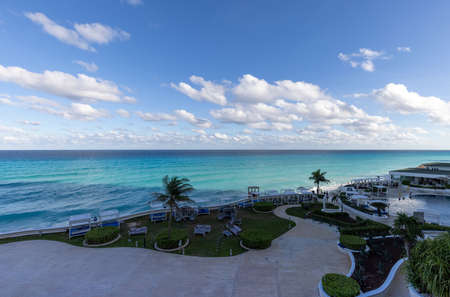 Cancun, Quintana Roo, Mexico, 10 September, 2021: Luxury hotels along Cancun Zona Hotelera and Riviera Maya Hotel Zone with scenic beaches, leisure activities, parties and tourist entertainmentのeditorial素材