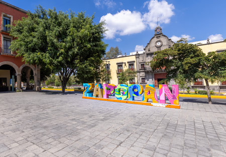 Zapopan, Jalisco, Mexico, 10 September, 2021: Colorful letters of Zapopan central plaza in historic city center near Zapopan Cathedral Basilicaのeditorial素材