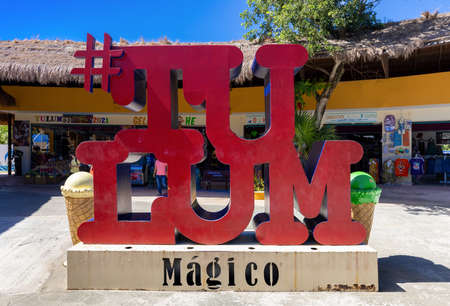 Tulum, Quintana Roo, Mexico-17 September, 2021: Entrance to Tulum Archaeological Zone with Tulum Letters, Mayan pyramids and ruins located on the scenic ocean shore of Quintana Roo provinceのeditorial素材