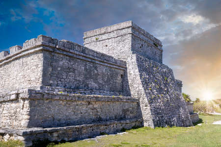 Pyramid El Castillo, the Castle, in Tulum Archaeological Zone with Mayan pyramids and ruins located on the scenic ocean shore of Quintana Roo province.の写真素材