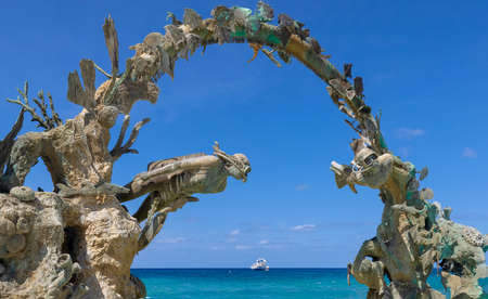 San Miguel de Cozumel, 10 October, 2021: Cozumel sea promenade and waterfront Malecon with statues, sculptures, cafes, restaurants and scenic ocean views of Cozumel ocean shoreのeditorial素材