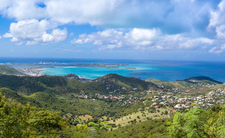 Caribbean cruise vacation, panoramic skyline of Saint Martin island from Pic Paradis lookout.の写真素材