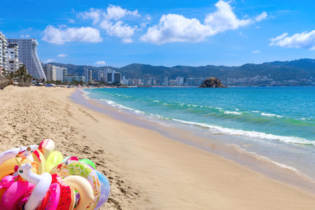 Mexico, Acapulco resort beaches and scenic ocean views near Zona Dorada Golden Beach zone.の写真素材