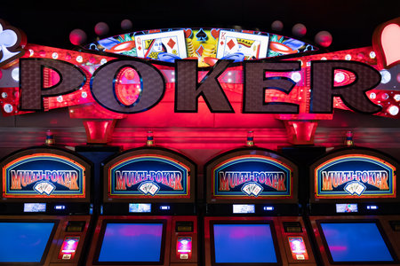 Las Vegas, Nevada, USA, February 10, 2023: Casino gambling machines waiting for gamblers and tourist to spend money.のeditorial素材