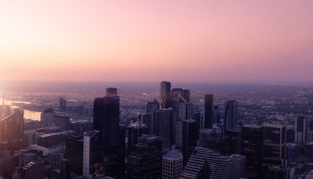 Australia scenic Melbourne downtown skyline panorama near Yarra River and financial business center.の写真素材