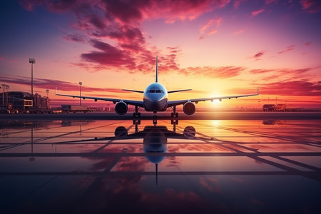 Plane landing at the airport at sunset with passengers and tourists returning from vacationの素材