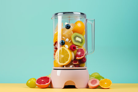 Fruit and herb blender cutting fresh nutricious fruits for delicious fruit cocktail smoothie drinkの素材