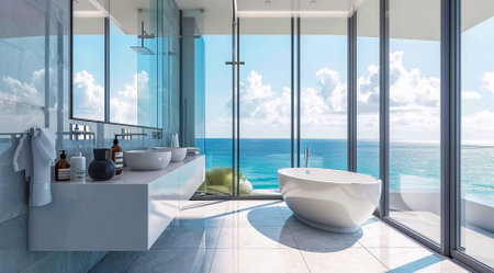 Luxury modern bathroom interior in ocean condo with expensive design and scenic viewの写真素材