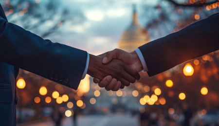 Black businessmen handshake, good business deal and political success strategy in White Houseの素材