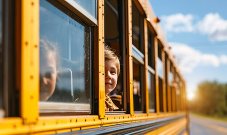 School bus carrying children to high schoolの素材