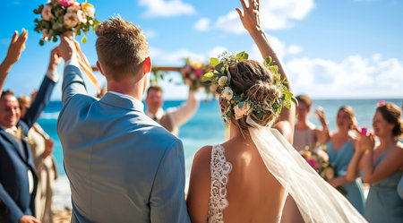Outdoors luxury wedding and honeymoon time with bride and groom on the scenic beach ceremony.の素材