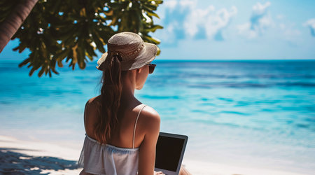 Freelancer performing work from remote location while enjoying lifeの素材