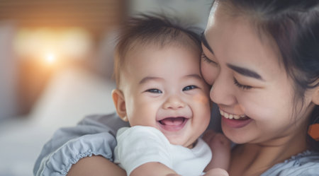 Asian mother holding an infant toddler, a concept of a happy successful middle-class Asian familyの素材