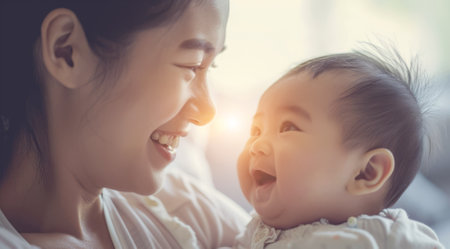 Asian mother holding an infant toddler, a concept of a happy successful middle-class Asian familyの素材
