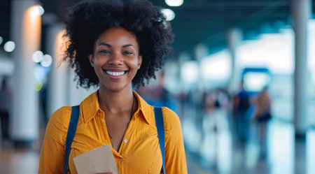 Independent black African American woman traveller with ticket in her handsの素材