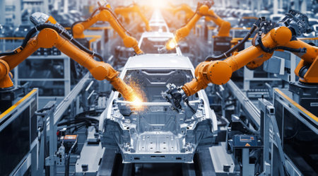 Car factory conveyor belt assemblance line production with robots and artificial intelligenceの素材