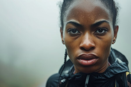 Determined young black runner during a strenuous exerciseの素材