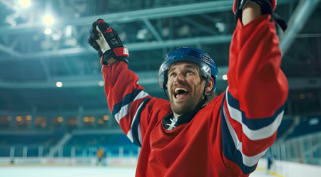 Hockey player in helmet scores goal holding hockey stick in his hand.の素材