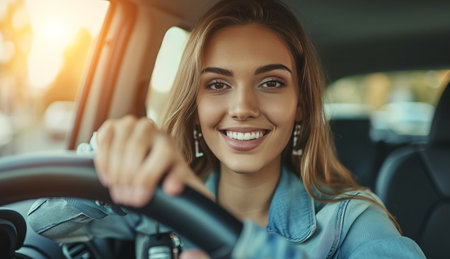 Happy car ownership, beautiful lady holding car keys from the new carの素材