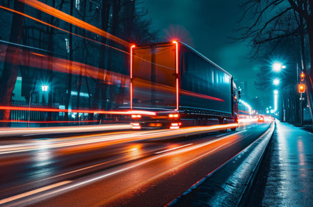 Long haul container truck carrying commercial cargo delivery between cities on a freewayの素材