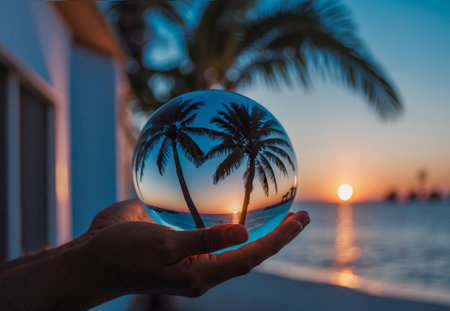 A hand holding a glass sphere with a palm tree reflected in it. The scene is set on a beach at sunset. earth conservation concept.の写真素材
