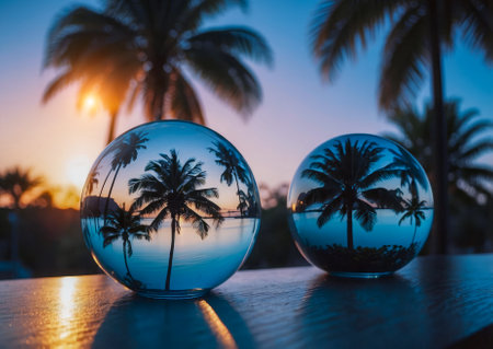 A hand holding a glass sphere with a palm tree reflected in it as an earth conservation conceptの写真素材