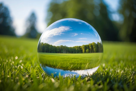 Glass sphere with forest reflected in it as an earth conservation conceptの写真素材