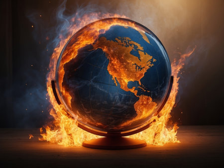 A globe is on fire and surrounded by flames. Climate change and global warmingの写真素材