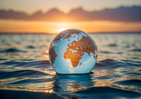 Glass sphere with a planet reflected in it as an earth conservation conceptの写真素材