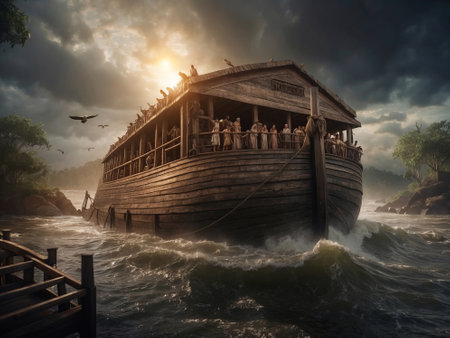 Noah Ark is in the water with a group of people and animals on itの写真素材