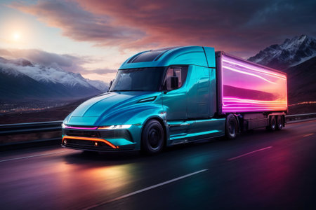 Long haul container truck carrying commercial cargo delivery between cities on a freewayの写真素材