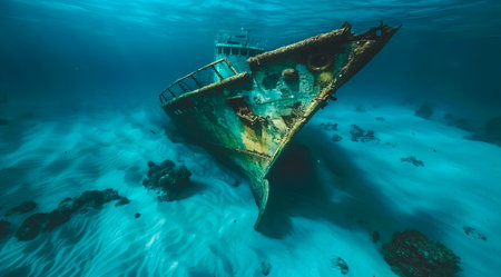A shipwreck is seen in the ocean deep underwaterの素材