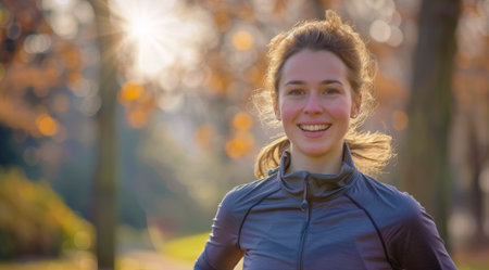 A woman runner running and jogging in a park. Active lifestyle, training for enduranceの素材