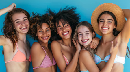 A group of women are smiling and posing for a photo. They are wearing bikinis and hatsの素材