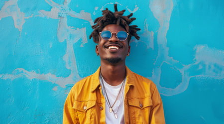 Black young positive man with dreadlocks is smiling and standing in front of the building wall. Concept of confidence and positivityの素材