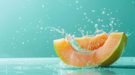 Fresh melon floating in water. A concept of vegetarian lifestyle and vegetarian diet.の素材