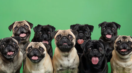 A group portrait of pugs are standing in rows, all with their tongues out.の素材