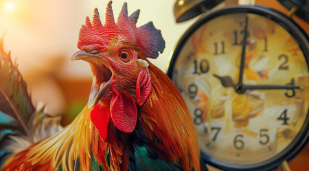 A rooster is standing in front of a clock with its beak open. Concept of a loud alarm clock.の素材
