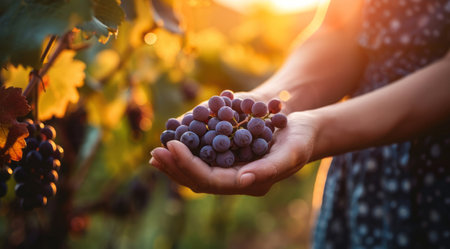 Hands holding grape vine in winery field at sunsetの素材