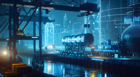 Concept of smart technology used in modern industrial port for warehouses and cargo ships.の素材
