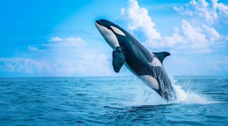 A large orca whale is leaping out of the water. Concept of animal conservation and graceの素材