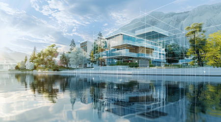 Property development in luxury location near the lake. Modern architectural design.