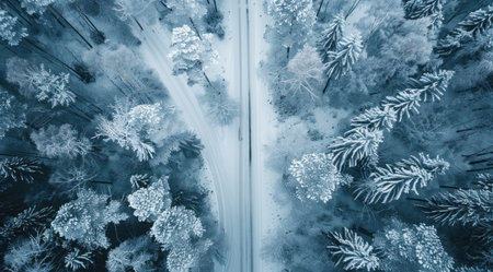 Bird-eye aerial drone view of a highway rinning though winter forest. Wilderness in winter.