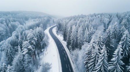 Bird-eye aerial drone view of a highway rinning though winter forest. Wilderness in winter.の写真素材