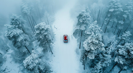 Bird-eye aerial drone view of a highway rinning though winter forest. Wilderness in winter.の写真素材