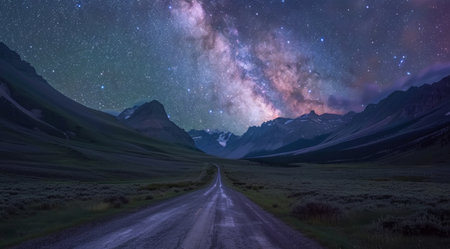 Scenic panorama of the night highway leading to snow-capped mountain range with clear scenic night skyの写真素材