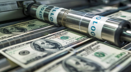 Money printing and minting of dollar banknotes. Investment and economy concept